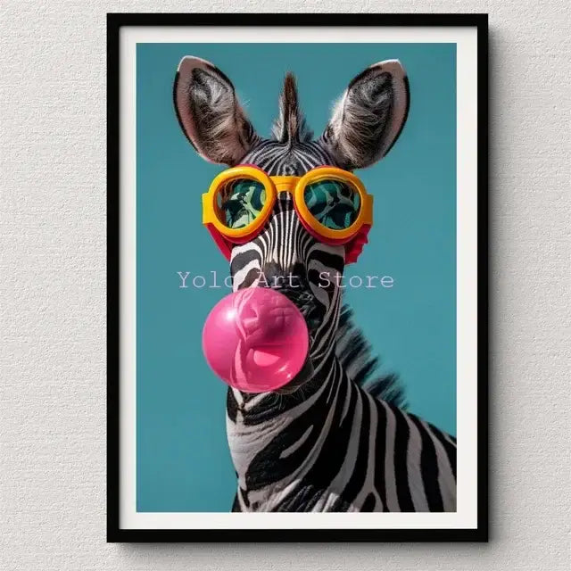 DecorBites™ tiger canvas wall art print featuring a zebra with black and white stripes and yellow sunglasses blowing pink bubblegum