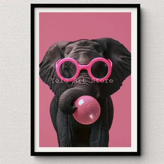 DecorBites™ tiger canvas wall art print featuring a black elephant with pink glasses and bubblegum in a black frame
