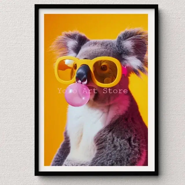 Decorbites™ tiger canvas wall art print featuring a koala with yellow sunglasses and pink bubble gum on orange background