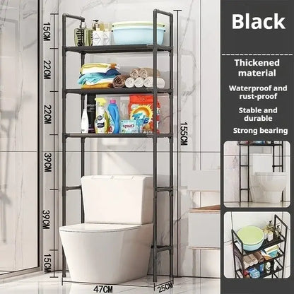 DecorBites™ black metal toilet storage rack with four tiers for efficient bathroom storage and space saving