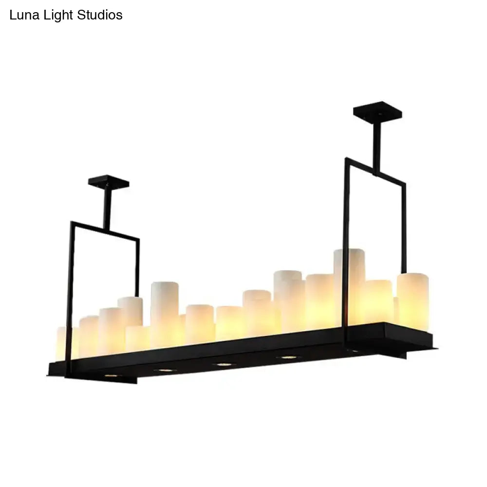 Black metal frame island pendant light with traditional barrel frosted glass bulbs in cityscape design for dining room