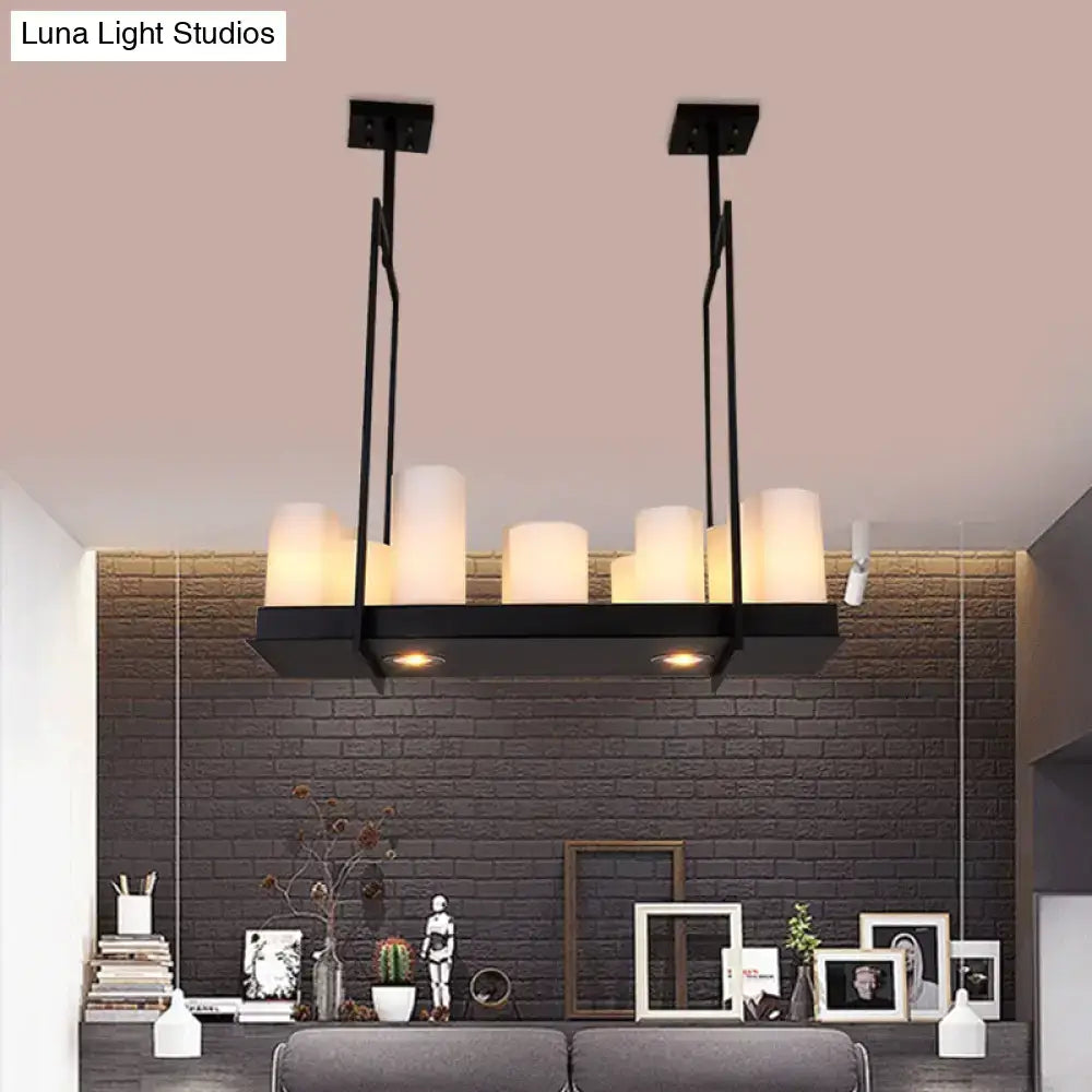 Black metal island pendant light with traditional barrel frosted glass shades for dining room illumination