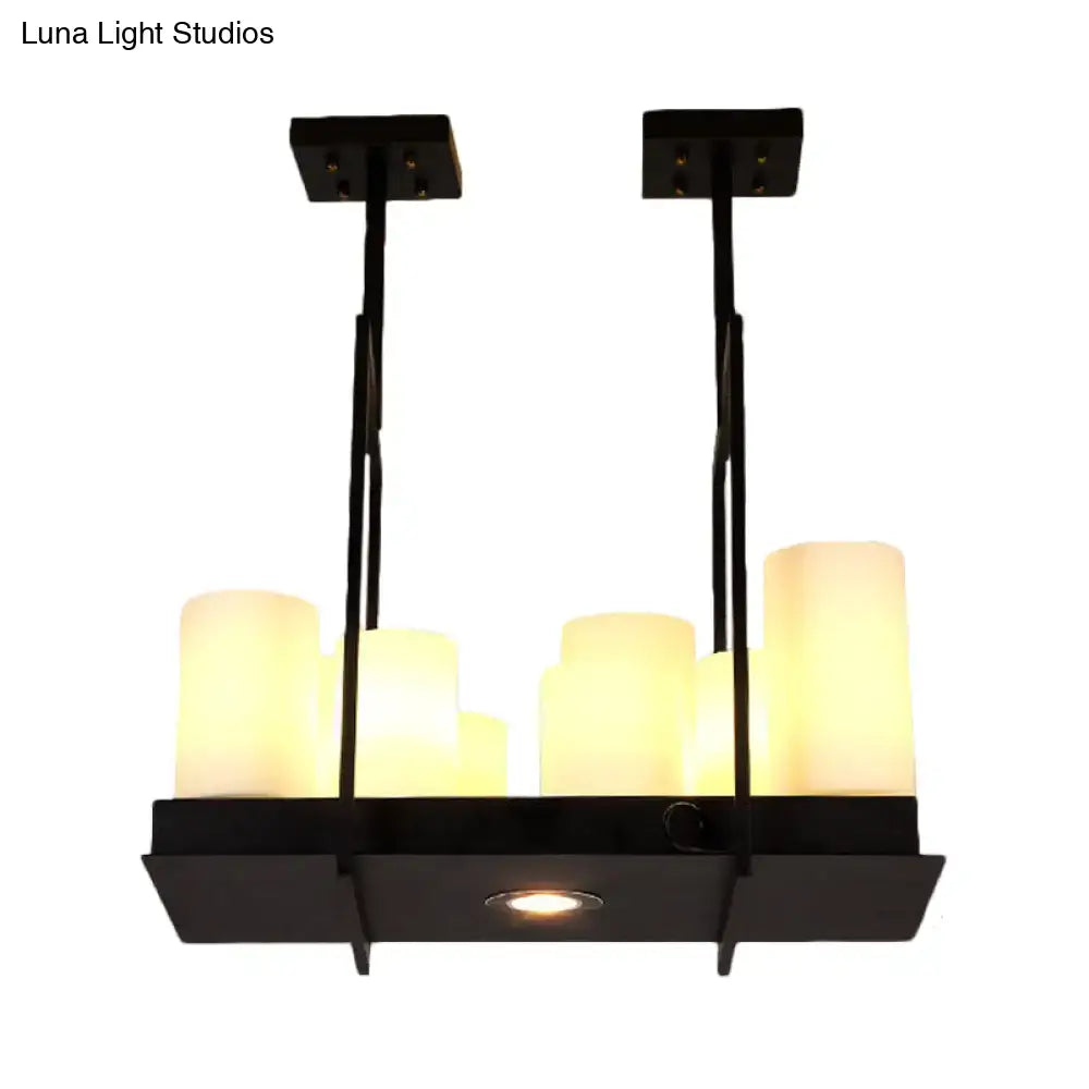 Black metal traditional barrel frosted glass island pendant light with six warm-toned candle-style bulbs for dining room
