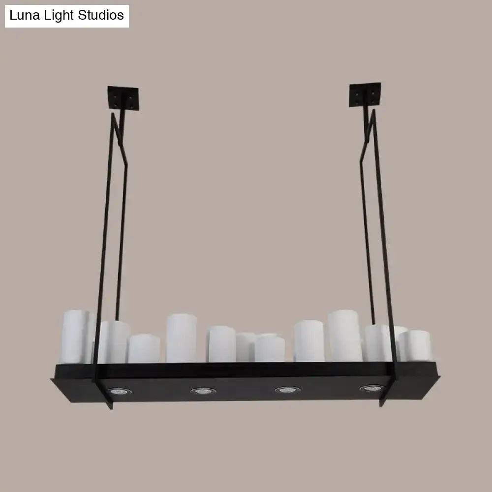 Black metal island pendant light with traditional barrel frosted glass shades and integrated recessed lighting for dining room