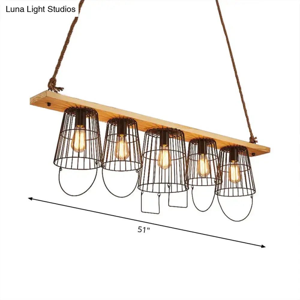 Decorbites traditional barrel metal island pendant light with five black wire cage shades and wood accents for dining room