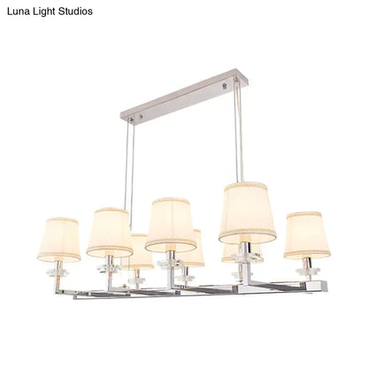 Modern chrome pendant light fixture with six cream fabric shades and gold trim for dining room hanging lamp kit