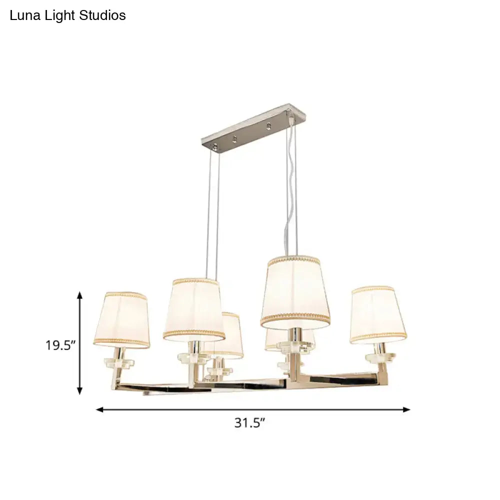 Modern brushed nickel pendant light fixture with five cream fabric shades and gold trim for dining room hanging lamp kit