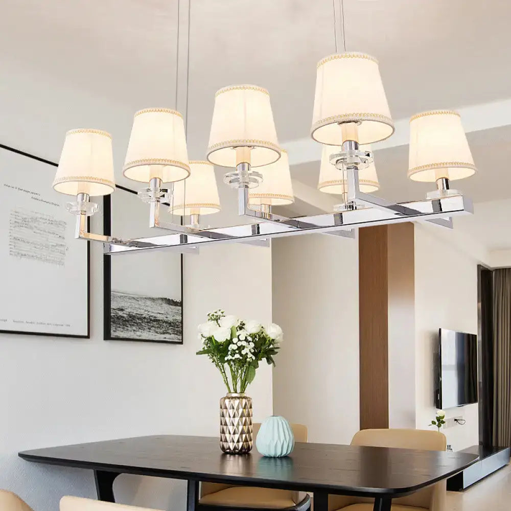 DecorBites traditional chrome pendant light fixture with six off-white fabric shades for dining room hanging lamp kit