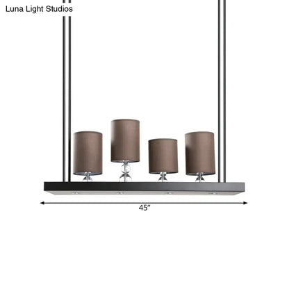 DecorBites™ traditional black cylinder island light fixture with fabric shades and metal linear shelf for dining rooms