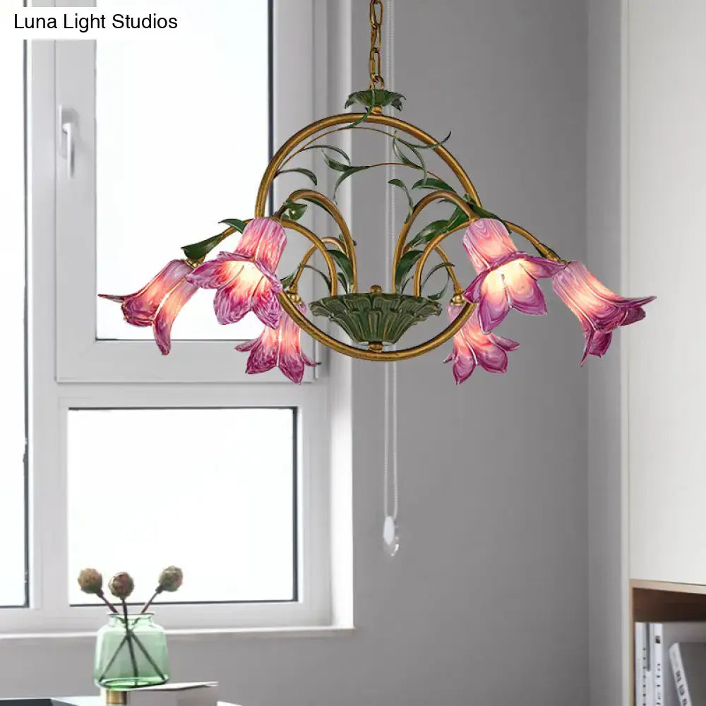 DecorBites traditional floral chandelier with five pink glass lily shades green leaf accents compatible with e12 e14 bulbs