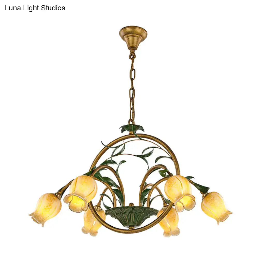 Antique brass decorbites traditional floral ceiling chandelier with six amber glass shades and green leafy metalwork compatible with e12 e14 220v-240v 110v-120v led incandescent fluorescent bulbs