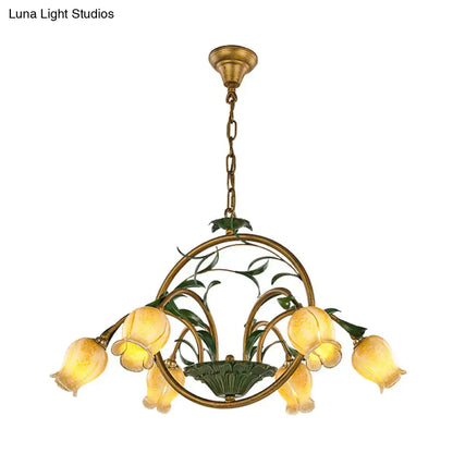 Antique brass decorbites traditional floral ceiling chandelier with six amber glass shades and green leafy metalwork compatible with e12 e14 220v-240v 110v-120v led incandescent fluorescent bulbs