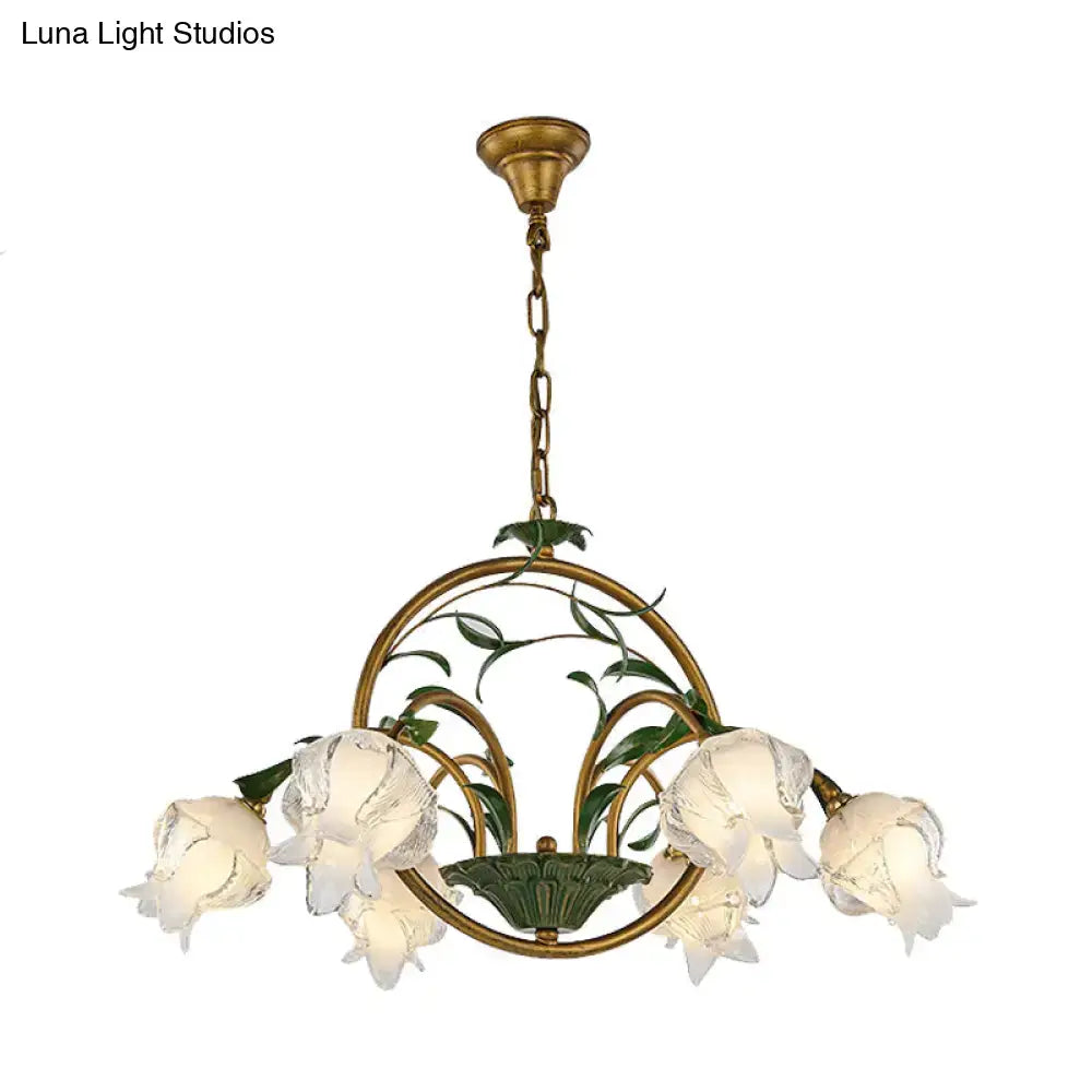 DecorBites traditional floral chandelier with antique brass finish, five frosted glass bell flowers, e12 e14 compatible