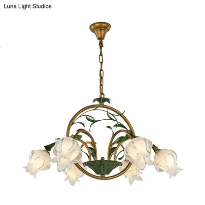 DecorBites traditional floral chandelier with antique brass finish, five frosted glass bell flowers, e12 e14 compatible