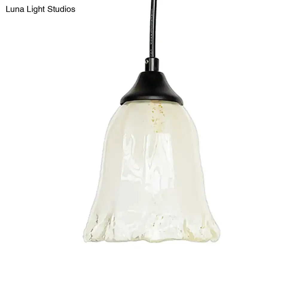 DecorBites™ traditional pendant light with frosted glass flower cone shade and black metal hardware for living room use