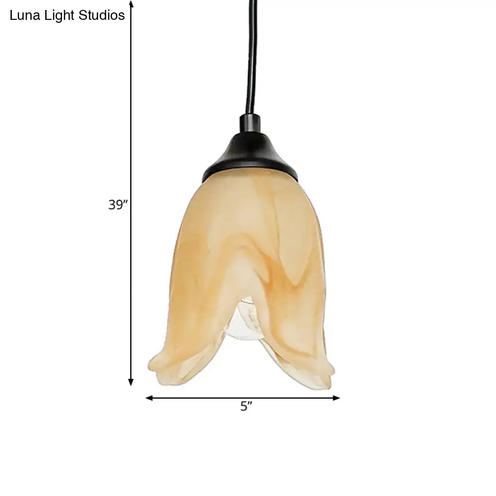 DecorBites traditional amber glass pendant light with black metal fixture flower cone shape for living room lighting