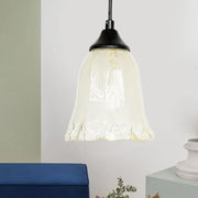 DecorBites traditional off-white glass pendant light with flower cone shape and black fixture for living room lighting