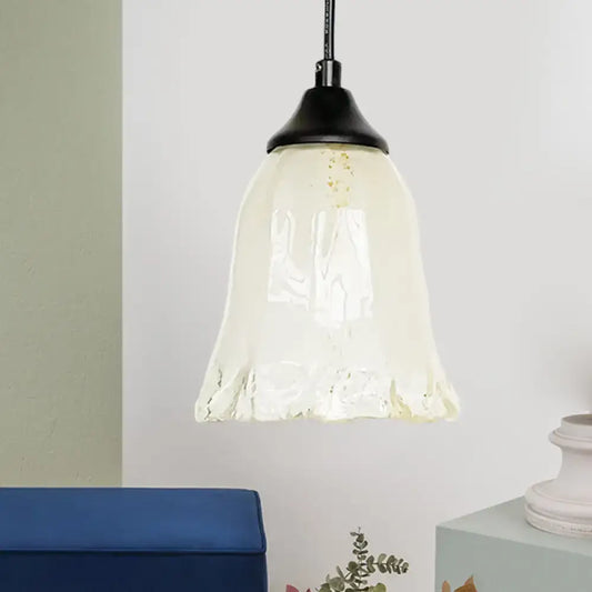 DecorBites traditional off-white glass pendant light with flower cone shape and black fixture for living room lighting