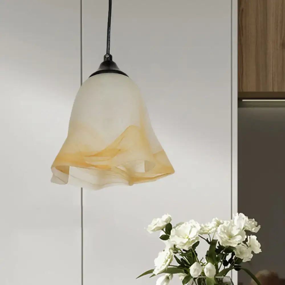 DecorBites™ traditional glass pendant light with flower cone shape frosted amber and cream shade for living room