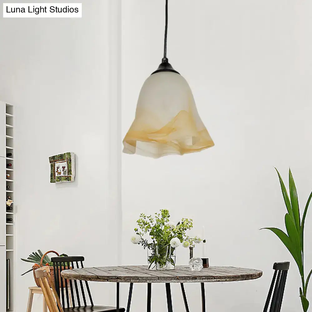 DecorBites™ traditional flower cone pendant light with frosted amber and cream glass shade for living room use
