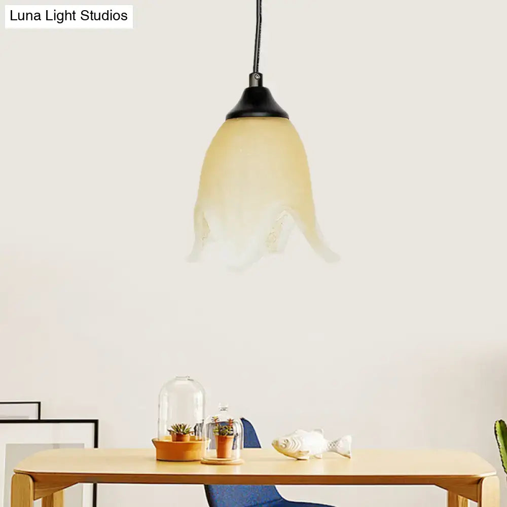 DecorBites™ traditional cream glass pendant light with flower cone design and black metal fixture for living room