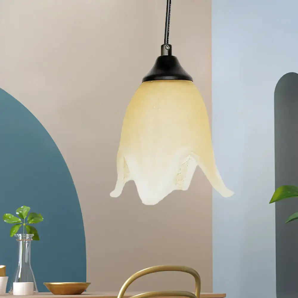 DecorBites™ traditional translucent yellow glass flower cone pendant light with black metal top for living room use