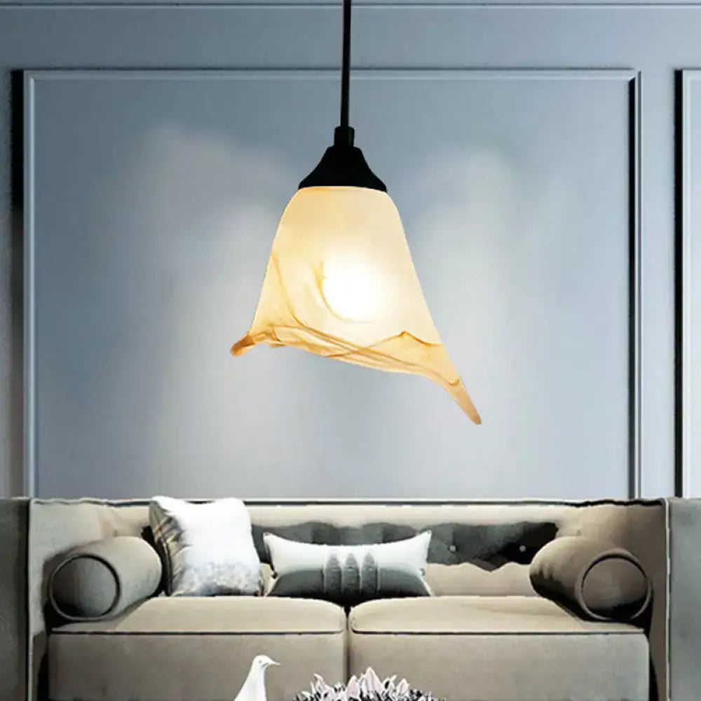 Decorbites traditional amber glass pendant light with flower cone shape and black metal fixture for living room lighting