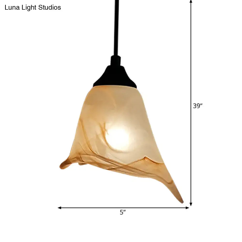 Decorbites™ traditional warm amber glass pendant light with black metal flower cone fixture for living room illumination