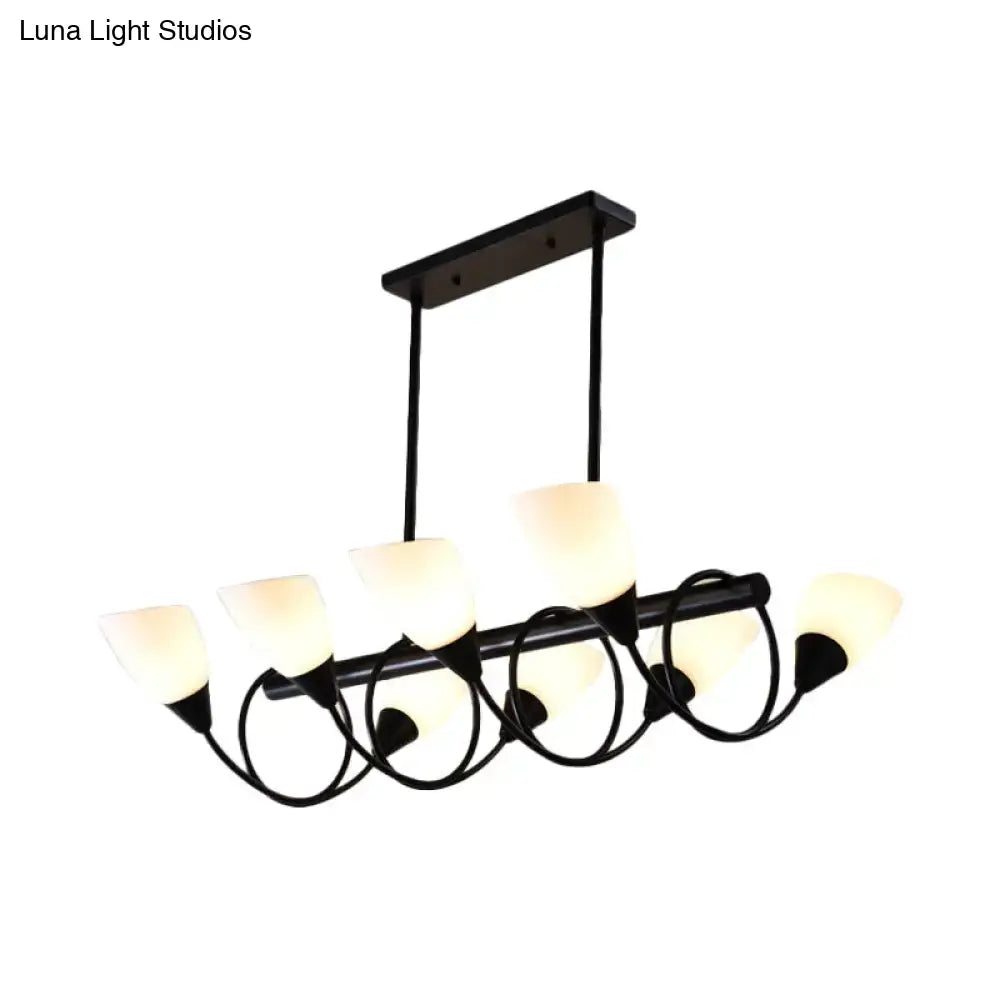 Decorbites traditional black metal pendant light fixture with six frosted milky glass shades and curved arms