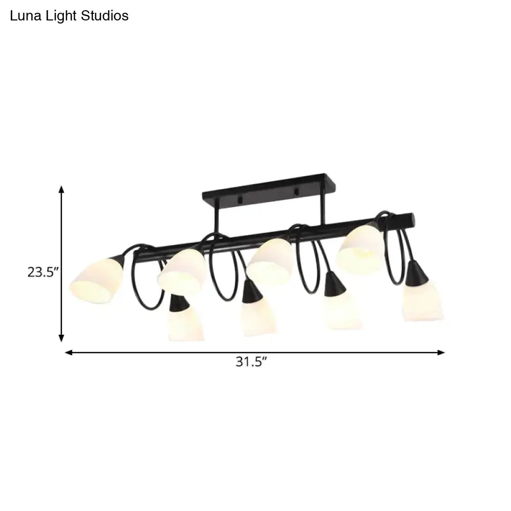 DecorBites traditional black metal pendant light fixture with six milky frosted glass shades and curved arms