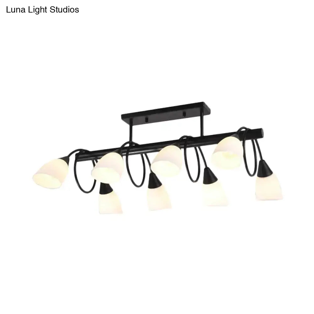 Decorbites traditional black metal pendant light fixture with six frosted glass shades and curved cords