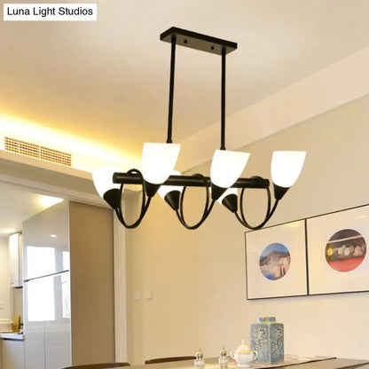 Black metal pendant light fixture with five frosted milky glass shades from decorbites traditional collection