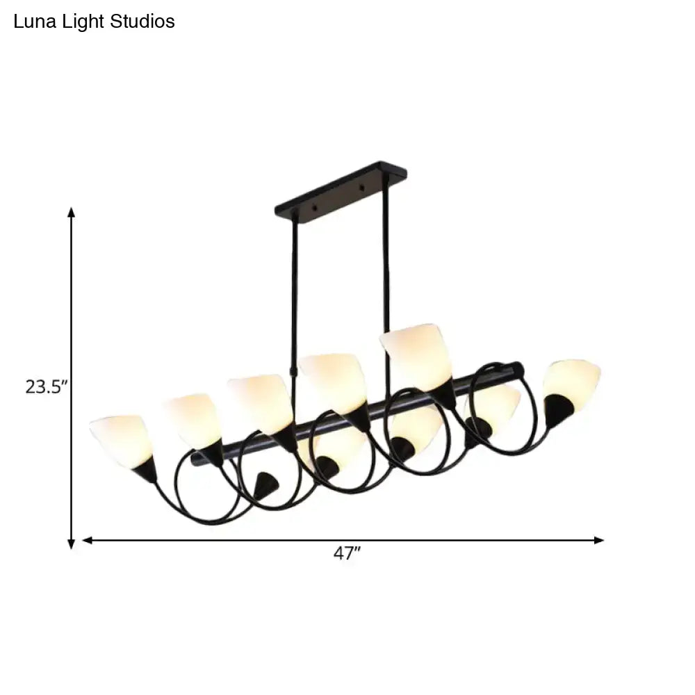 Black wrought iron DecorBites pendant light fixture with seven frosted milky glass shades for traditional lighting
