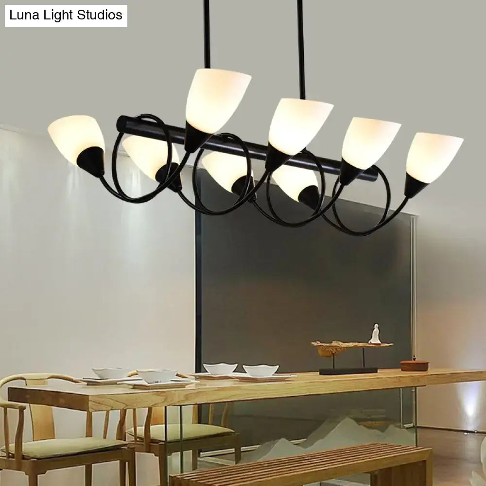 Black metal pendant light fixture with six frosted milky glass shades for traditional hanging lighting