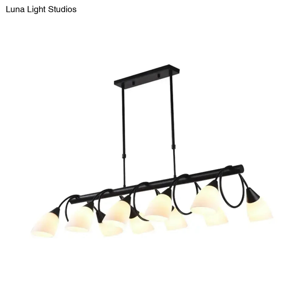 Black metal pendant light fixture with ten frosted milky glass shades for traditional hanging lighting