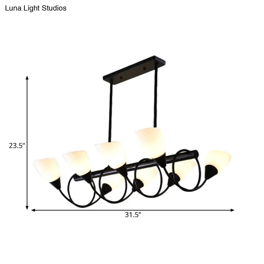 Black wrought iron decorbites™ pendant light fixture with six frosted milky glass shades in traditional design