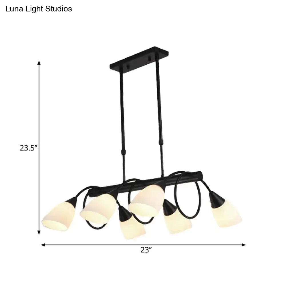 Black metal pendant light fixture with six frosted milky glass shades from DecorBites traditional collection