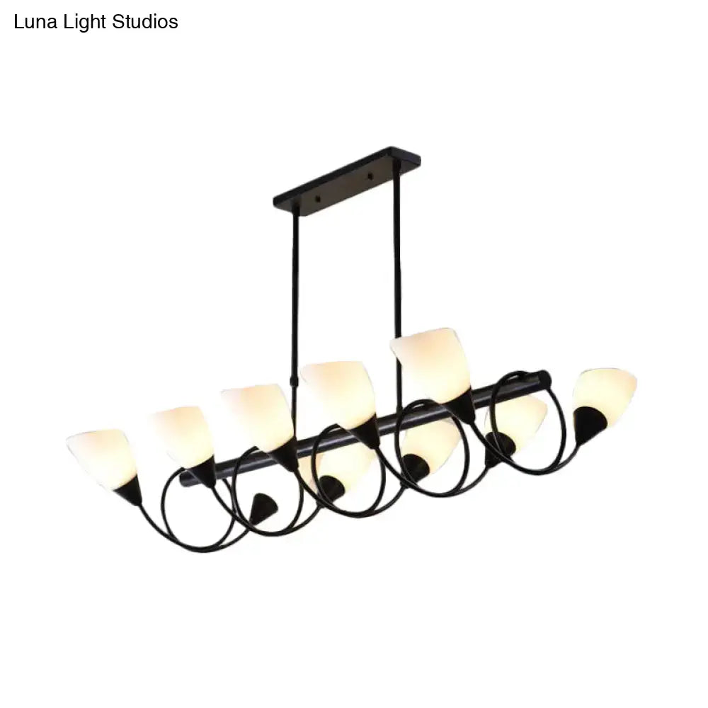 Black metal pendant light fixture with seven frosted glass shades in a modern curved design by decorbites