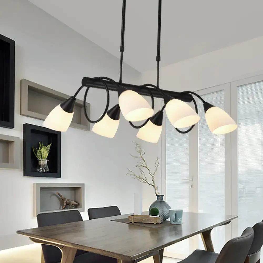 Black metal pendant light fixture with six frosted milky glass shades for traditional decor lighting