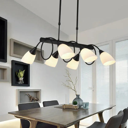 Black metal pendant light fixture with six frosted milky glass shades for traditional decor lighting