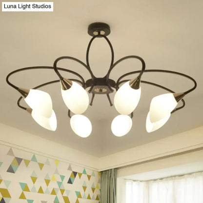 Black metal chandelier with five frosted oval white glass shades for traditional semi flush mount ceiling light