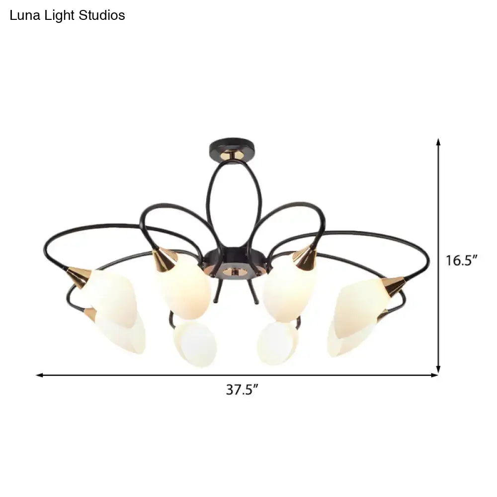 Decorbites™ traditional oval white glass semi flush mount ceiling light with six black and gold frosted shades