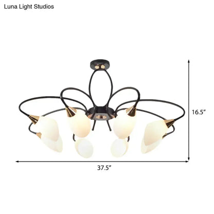 Decorbites™ traditional oval white glass semi flush mount ceiling light with six black and gold frosted shades