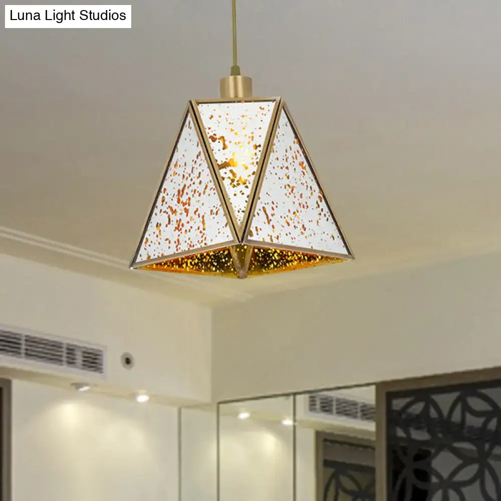 DecorBites traditional silver clear glass pyramid pendant light with white speckled shade and gold frame for living room