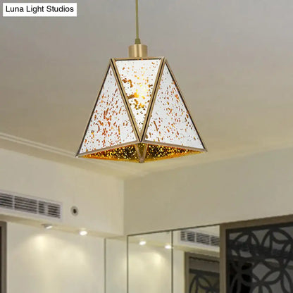DecorBites traditional silver clear glass pyramid pendant light with white speckled shade and gold frame for living room
