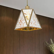 Decorbites™ traditional silver clear glass triangle hanging lamp with brass frame and warm glowing panels for living room