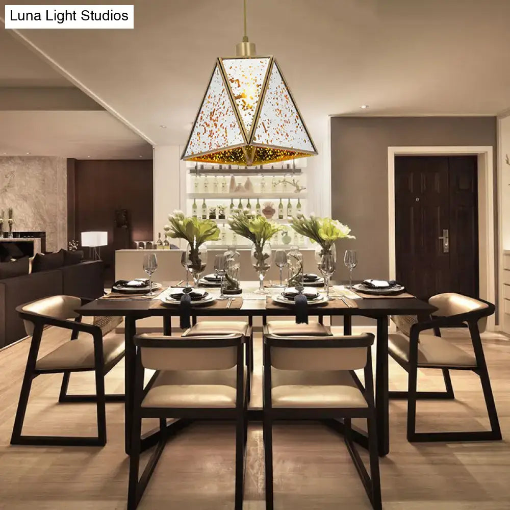 DecorBites traditional silver clear glass triangle hanging lamp with white and gold mosaic shade for living room