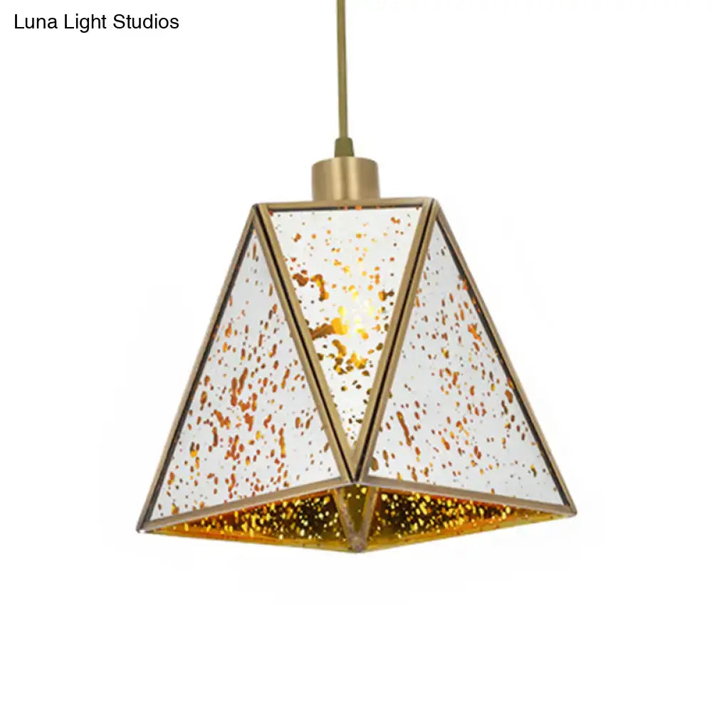 DecorBites™ traditional silver clear glass triangle hanging lamp with brass frame and speckled white panels for living room