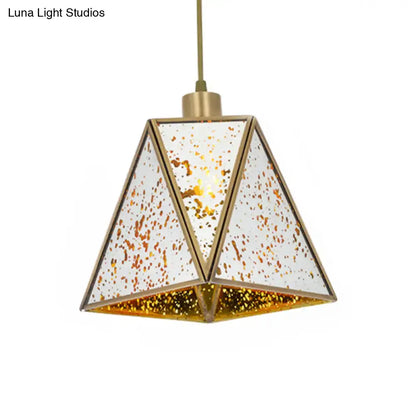 DecorBites™ traditional silver clear glass triangle hanging lamp with brass frame and speckled white panels for living room
