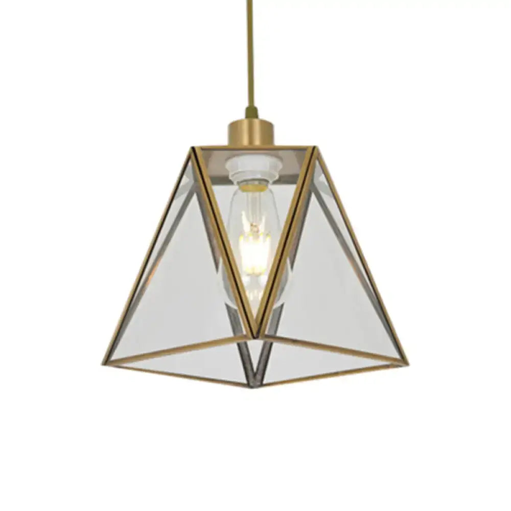 Decorbites traditional silver clear glass triangle hanging lamp with brass frame and exposed bulb for living room